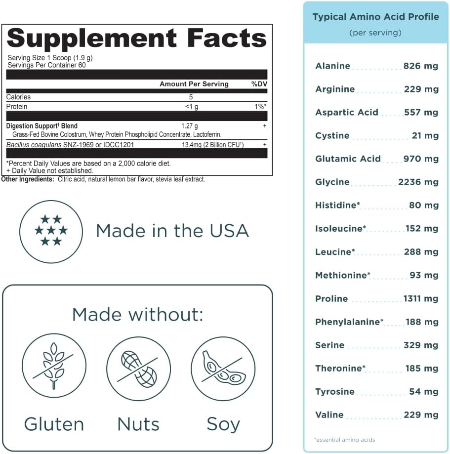 Ancient Nutrition Colostrum Superfood Powder, Calostro Bovino de Pasto, Lactoferrina y Probióticos, Sabor Limón, 60 Porciones