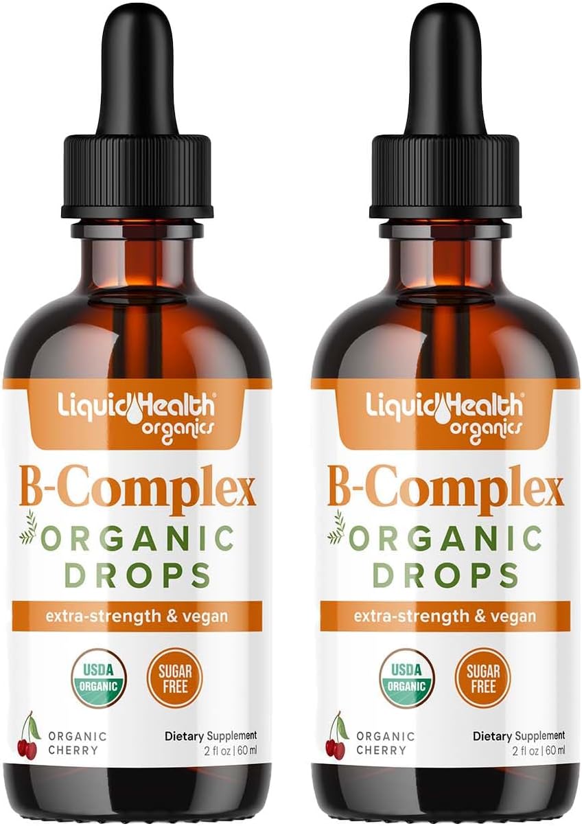 LIQUIDHEALTH Gotas de Complejo B Orgánico USDA para Hombres y Mujeres - Energía Natural, Enfoque, Memoria y Estado de Ánimo, Apoyo Inmunológico, Impulso al Metabolismo - Fabricado en EE. UU., Sin Azúcar, Vegano (2 Paquete)