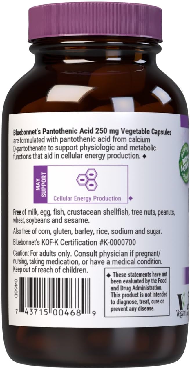 BlueBonnet Ácido Pantoténico 250 mg - 60 Cápsulas Vegetales