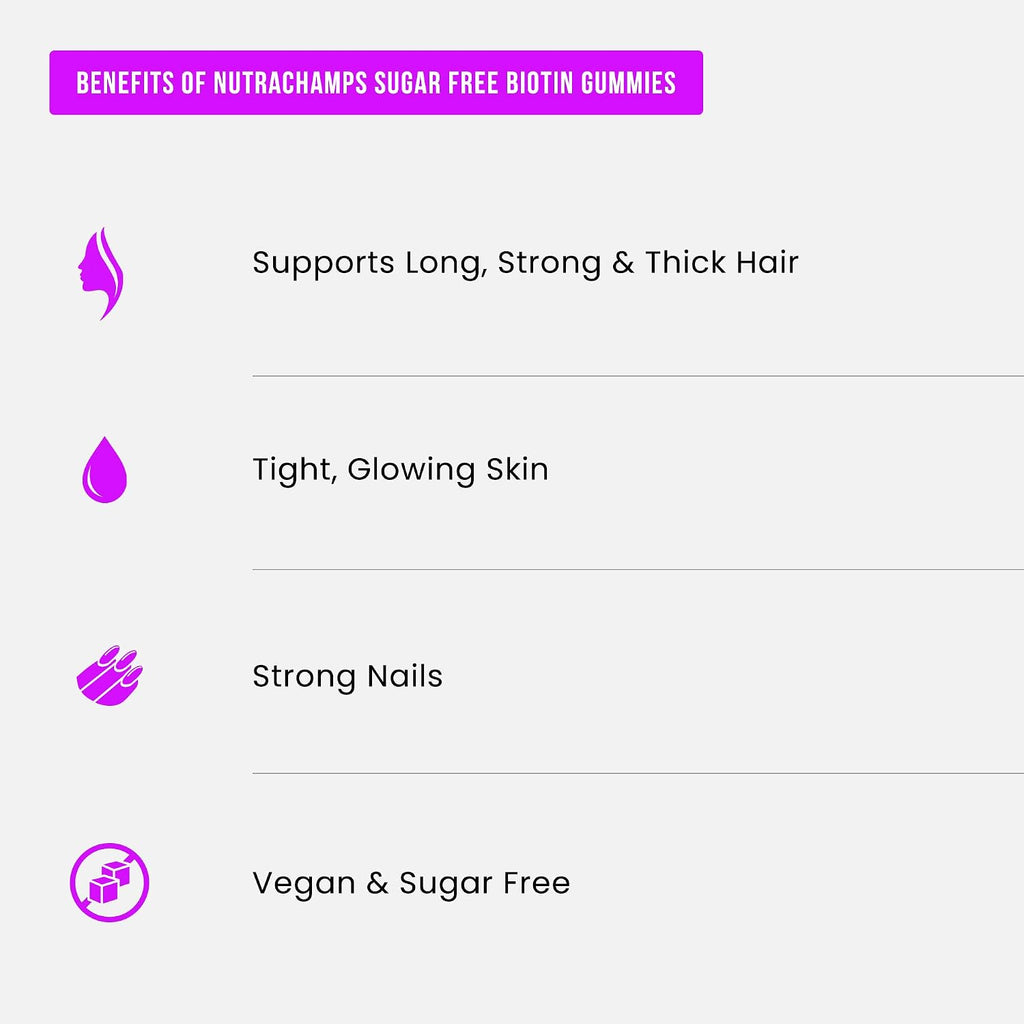 NutraChamps Gominolas de Biotina sin Azúcar 10000mcg - Alta Potencia - Cabello, Piel y Uñas Saludables - Vegano, No-GMO - Sabor Frambuesa