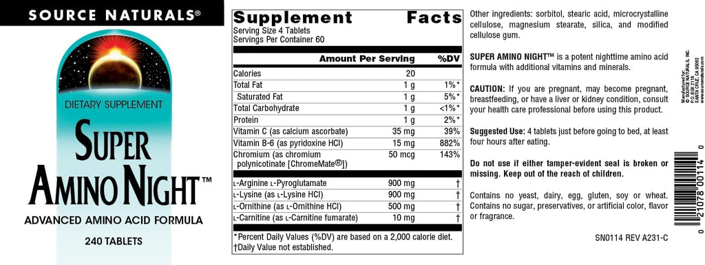 Source Naturals Super Amino Night – Fórmula Avanzada de Aminoácidos – 240 Comprimidos