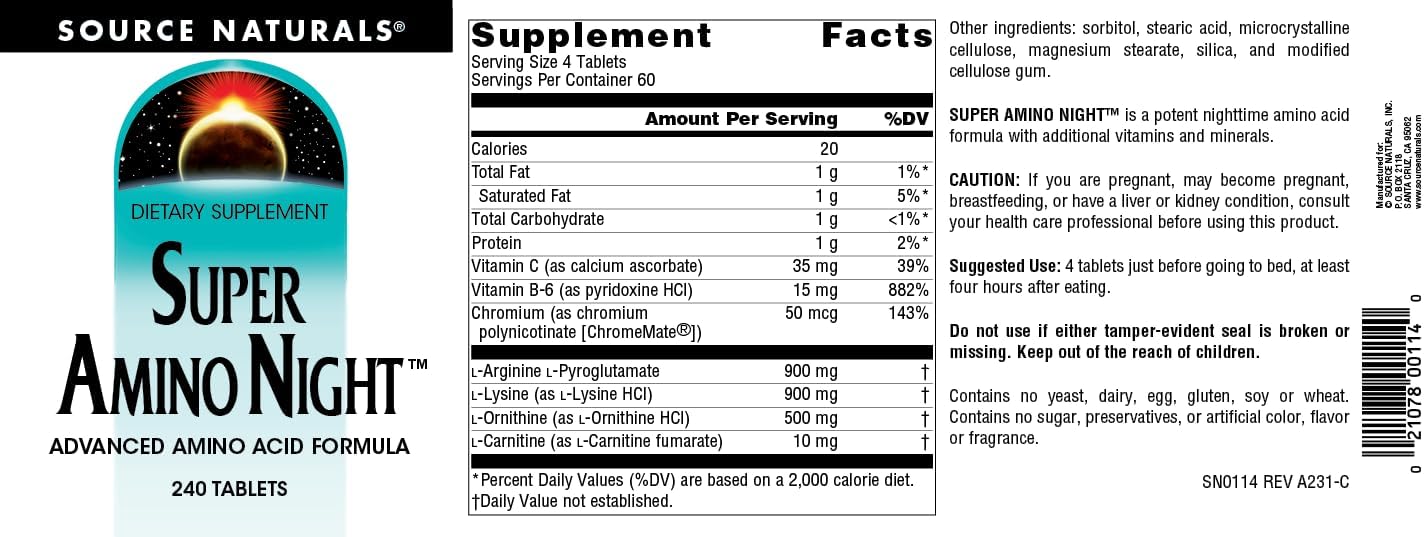 Source Naturals Super Amino Night – Fórmula Avanzada de Aminoácidos – 240 Comprimidos