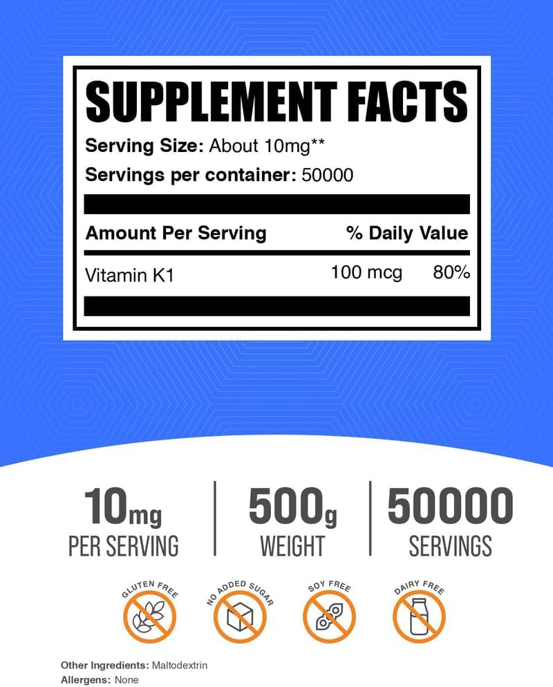 Vitamina K1 en polvo - 500 g (1.1 lbs) - 10 mg por porción