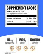 Vitamina K1 en polvo - 500 g (1.1 lbs) - 10 mg por porción