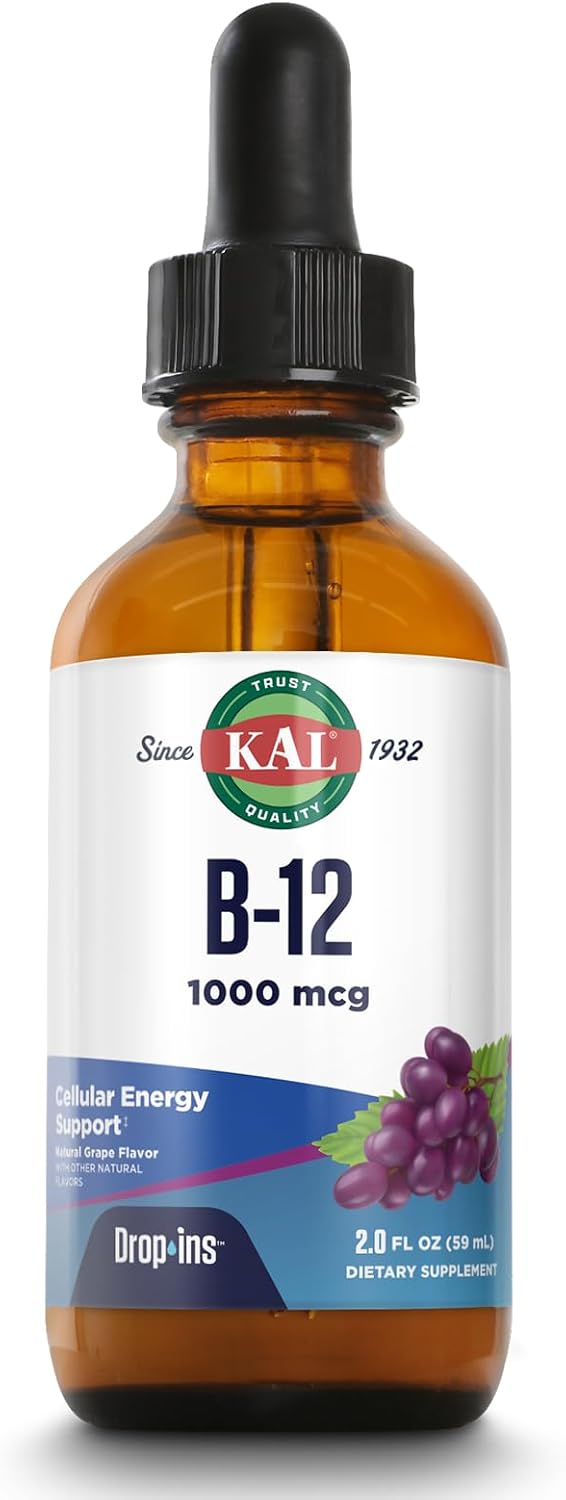 KAL B12 1000 mcg DropIns, Líquido de Vitamina B12 de Alta Absorción, Sabor Natural a Uva, 196 Dosis, 60 ml