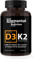 Elemental Nutrition Vitamina K2 con D3 Extra Strength – 10000 UI Vitamina D3 + 200 mcg Vitamina K2 MK-7, 30 Cápsulas