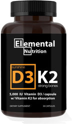 Elemental Nutrition Vitamina K2 con D3 Extra Strength – 10000 UI Vitamina D3 + 200 mcg Vitamina K2 MK-7, 30 Cápsulas