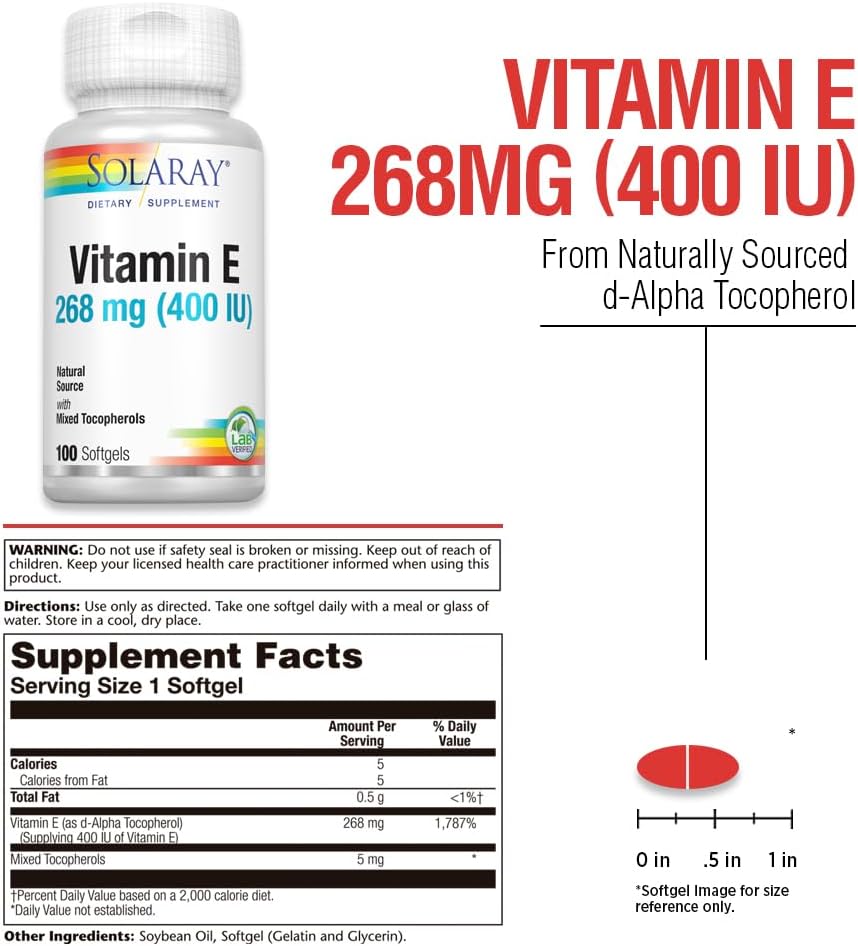 SOLARAY Vitamina E d-Alfa Tocoferol 400 UI (268 mg) - 100 Cápsulas Blandas