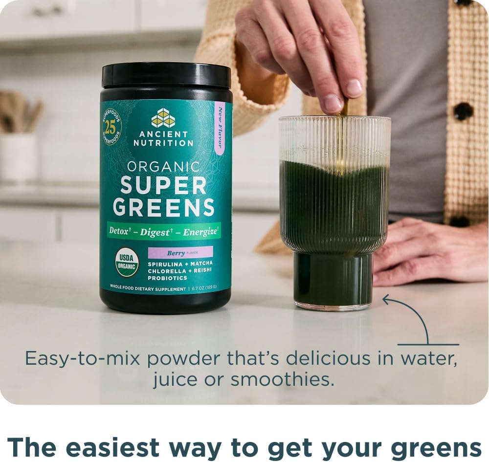 Ancient Nutrition SuperGreens Powder con Probióticos, Sabor Bayas Orgánico, 25 Servicios, 190g