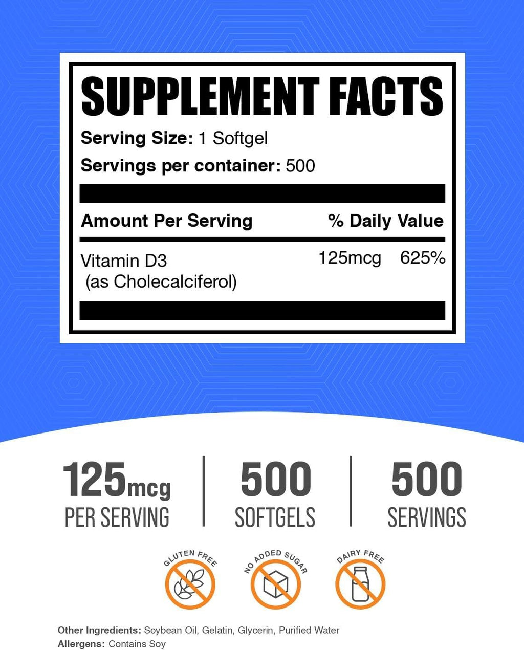 Vitamina D3 5000 IU Softgels - 500 Cápsulas - BulkSupplements.com