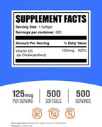Vitamina D3 5000 IU Softgels - 500 Cápsulas - BulkSupplements.com