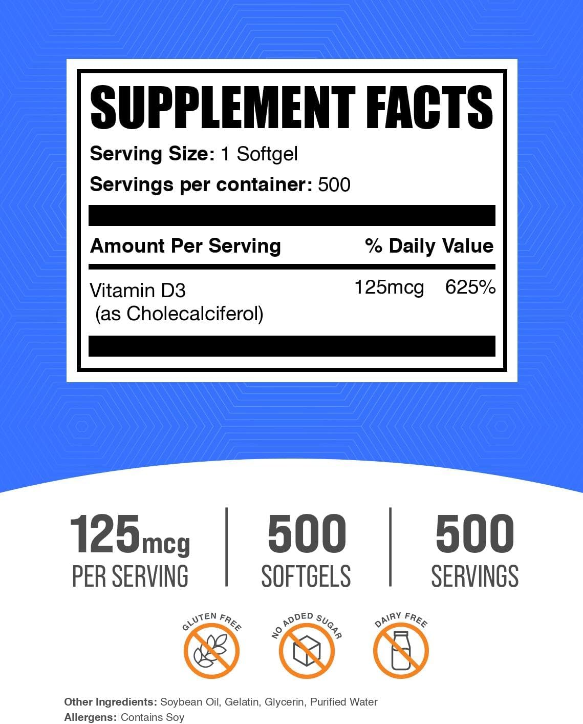 Vitamina D3 5000 IU Softgels - 500 Cápsulas - BulkSupplements.com
