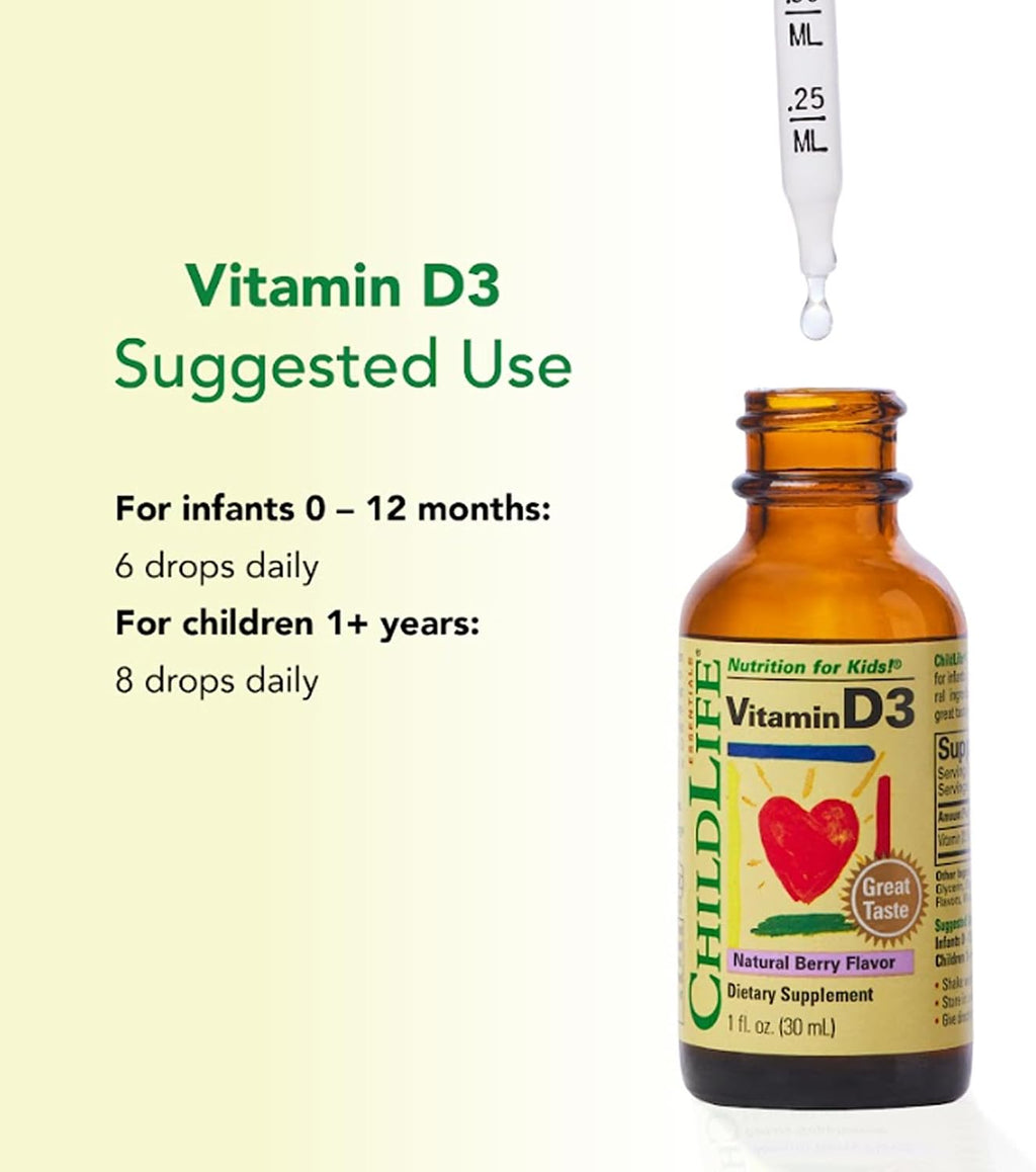 ChildLife Essentials Gotas de Vitamina D3 para Bebés y Niños - 500 UI por Dosis, Sabor Baya Natural - 30 ml