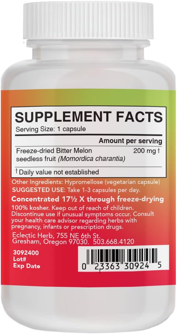 Eclectic Institute Melón Amargo Crudo Liofilizado, 50 Cápsulas (200 mg)
