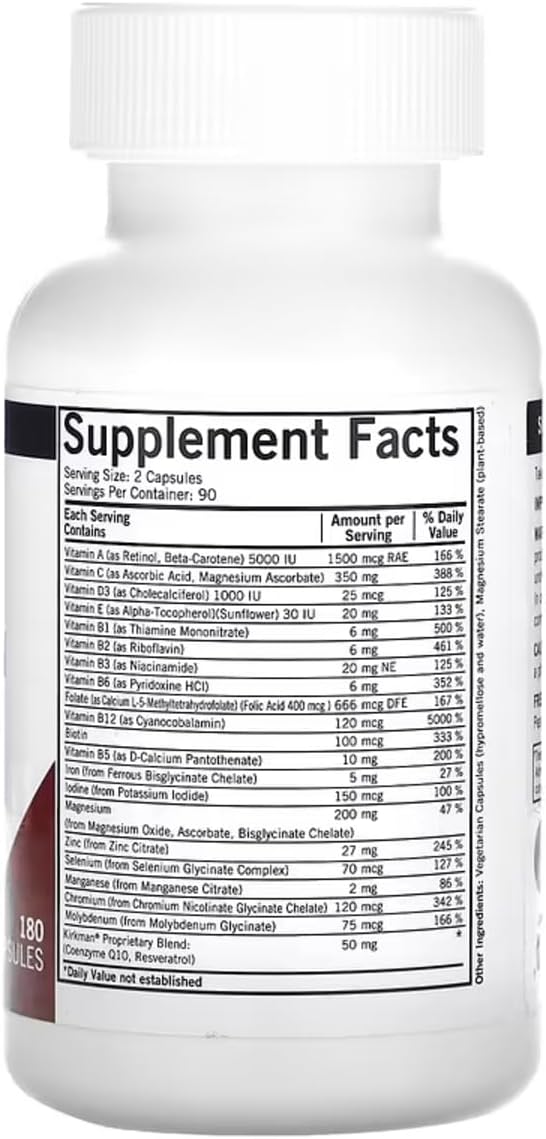 Kirkman Multivitamínico Avanzado para Adultos con 5-MTHF - 180 Cápsulas