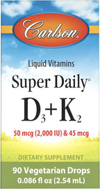 Carlson Super Daily D3 + K2, 90 gotas líquidas, 50 mcg D3 + 45 mcg MK-7