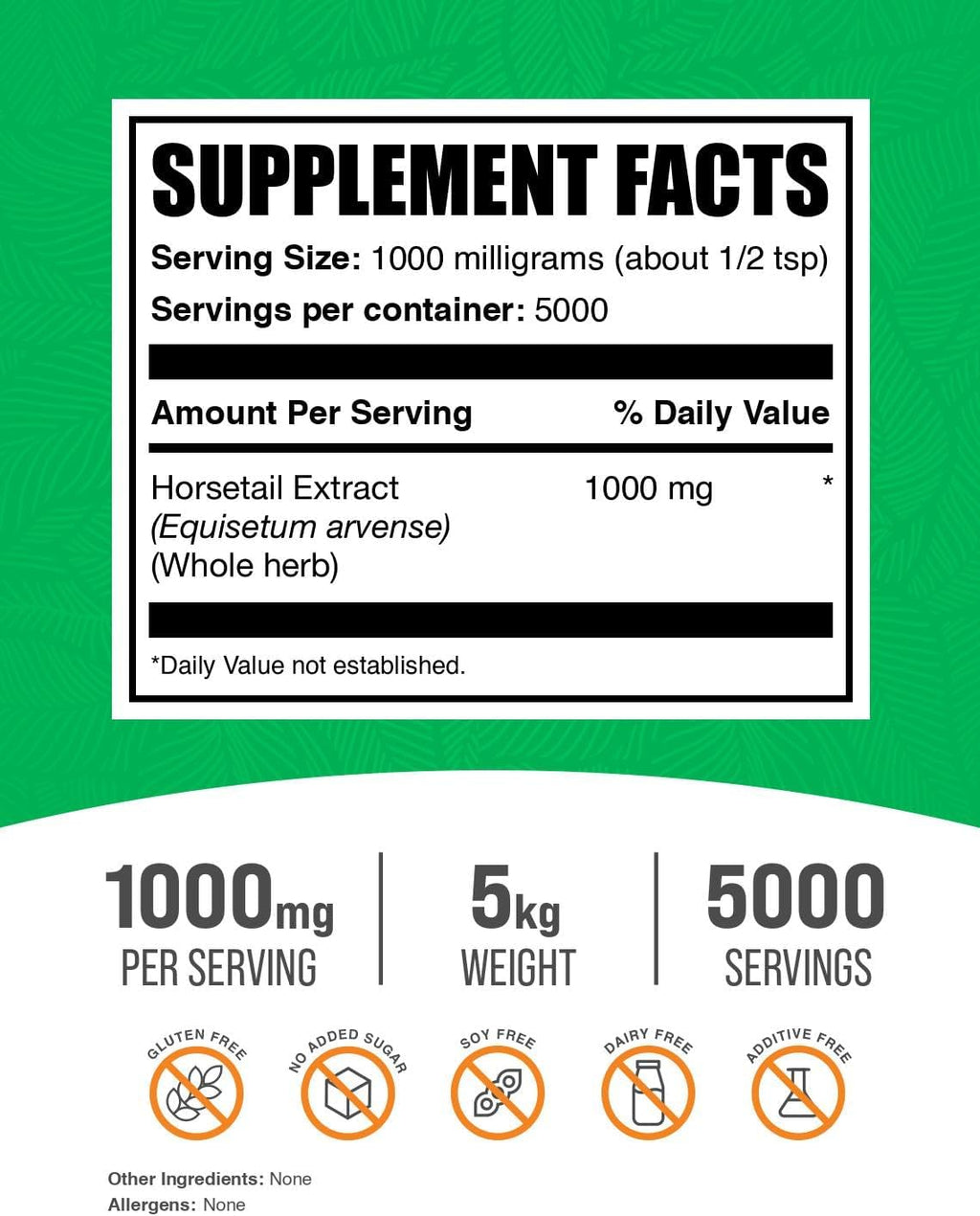 BulkSupplements Extracto de Cola de Caballo en Polvo - Suplemento de Silicio, Sin Gluten, 1000 mg por Porción, 5 kg (11 lb) (Paquete de 5)