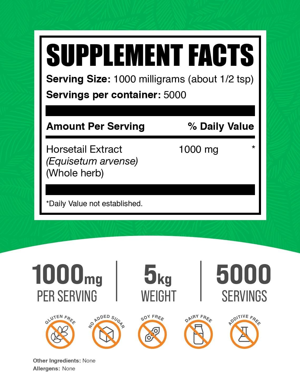 BulkSupplements Extracto de Cola de Caballo en Polvo - Suplemento de Silicio, Sin Gluten, 1000 mg por Porción, 5 kg (11 lb) (Paquete de 5)