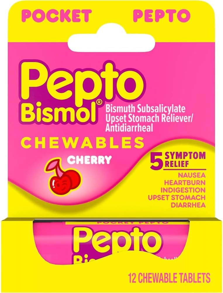 Pepto To Go Cereza Comprimidos Masticables, 12 unidades