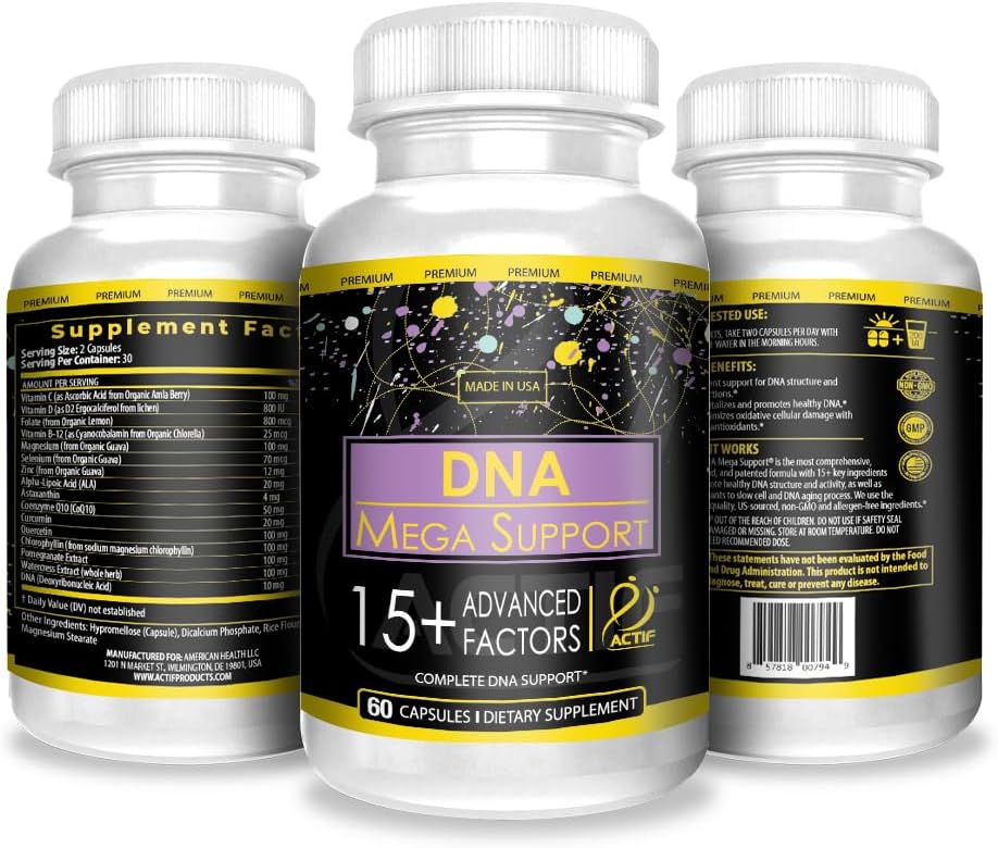 ACTIF DNA Mega Support con 15+ Factores Avanzados - Non-GMO, Acción Rápida, 60 Cápsulas