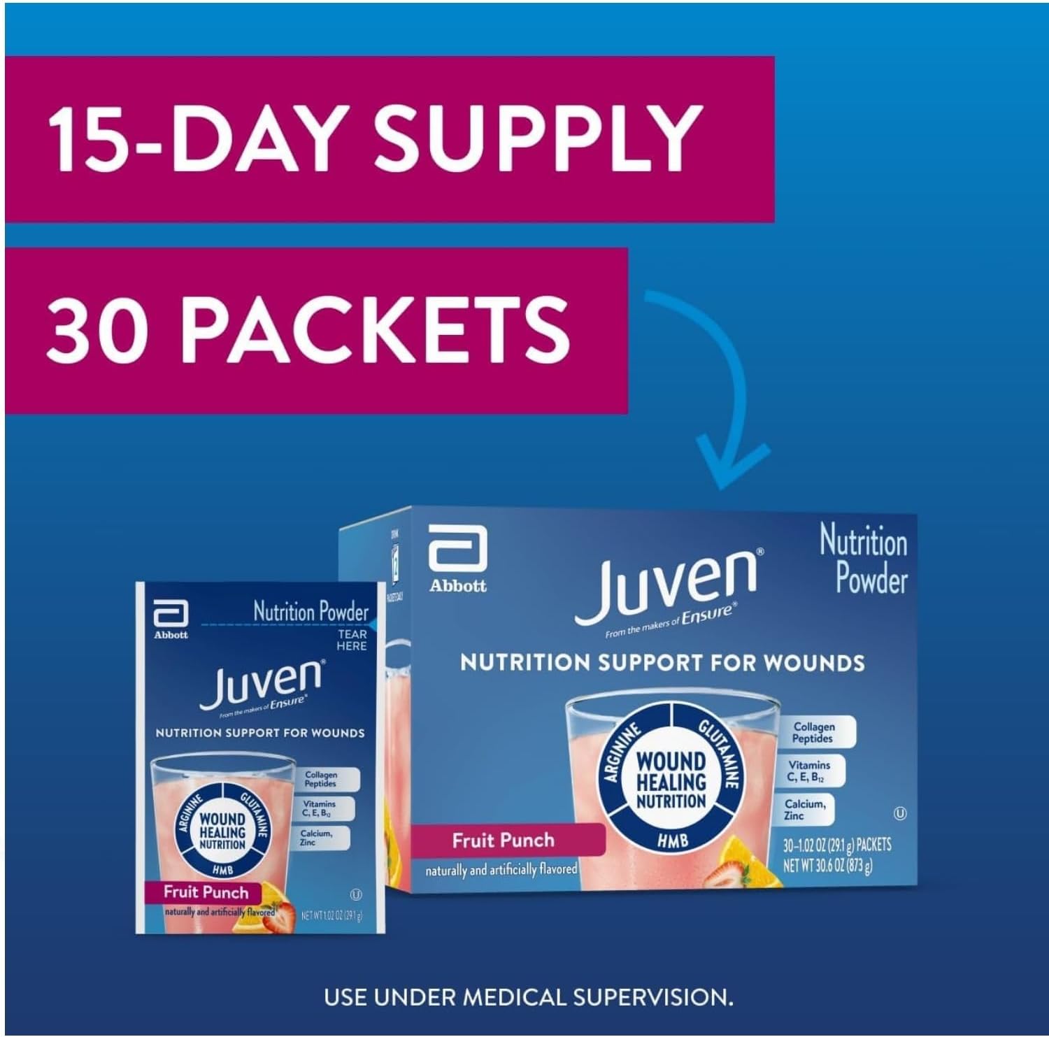 Medline Juven Nutritional Supplement Powder, Fruit Punch Flavor, 30 packets