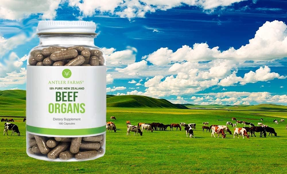 Antler Farms - Órganos de Ternera 100% Puros de Nueva Zelanda - Corazón, Hígado, Riñón, 180 Cápsulas, 400mg - Alimentados con Pasto, Procesado en Frío, Sin rBGH ni Rellenos