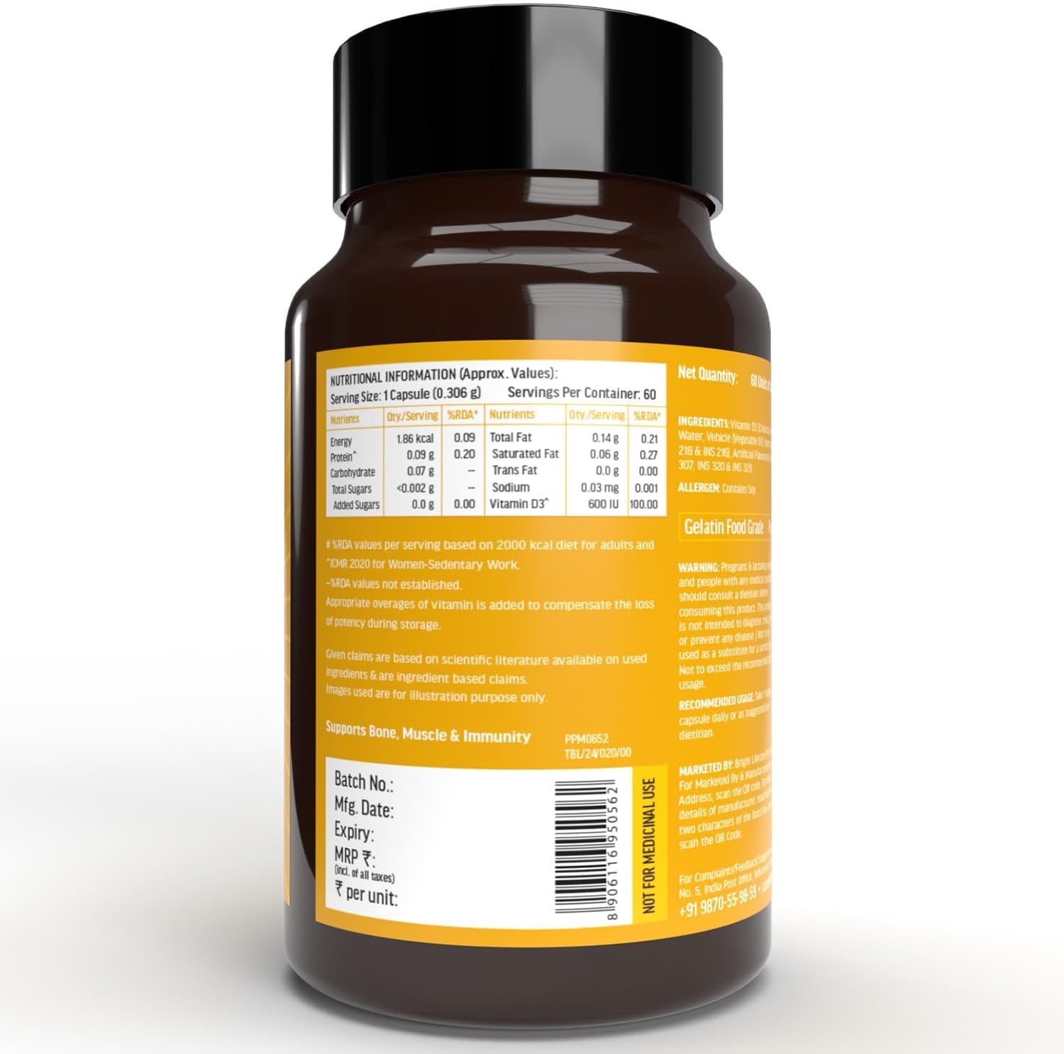 Vitamina D3 (600 IU) - 60 Cápsulas con Aceite de Girasol