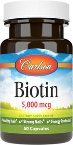 Carlson - Biotin, 5000 mcg, Healthy Hair, Strong Nails & Energy Production, 100 Capsules