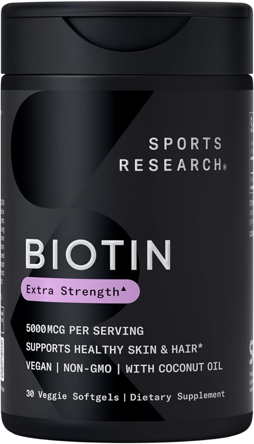 Sports Research® Biotina 5000mcg con Aceite de Coco Orgánico - 30 Cápsulas Blandas Vegetales