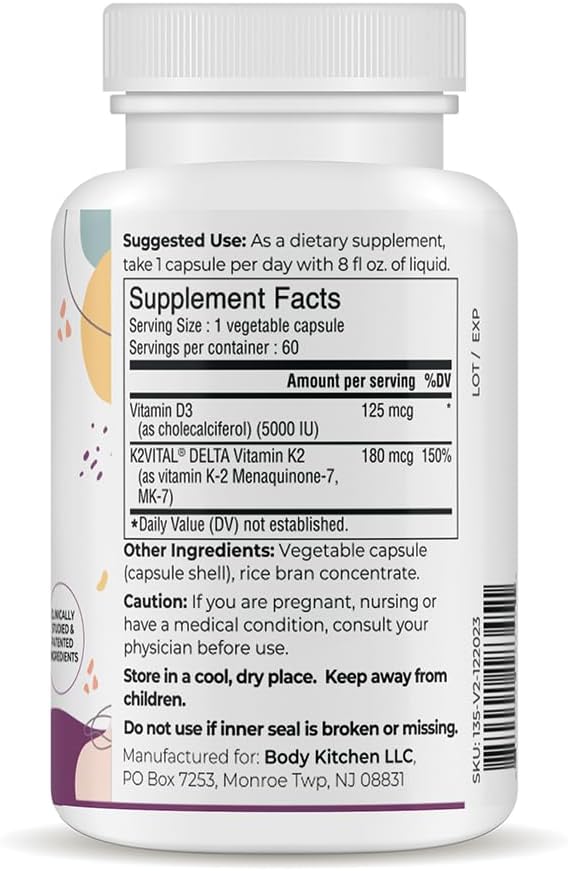Body Kitchen Vitamina D3 + K2 MK-7 Vegano - 5000 UI D3 y 180 mcg K2, 60 Cápsulas