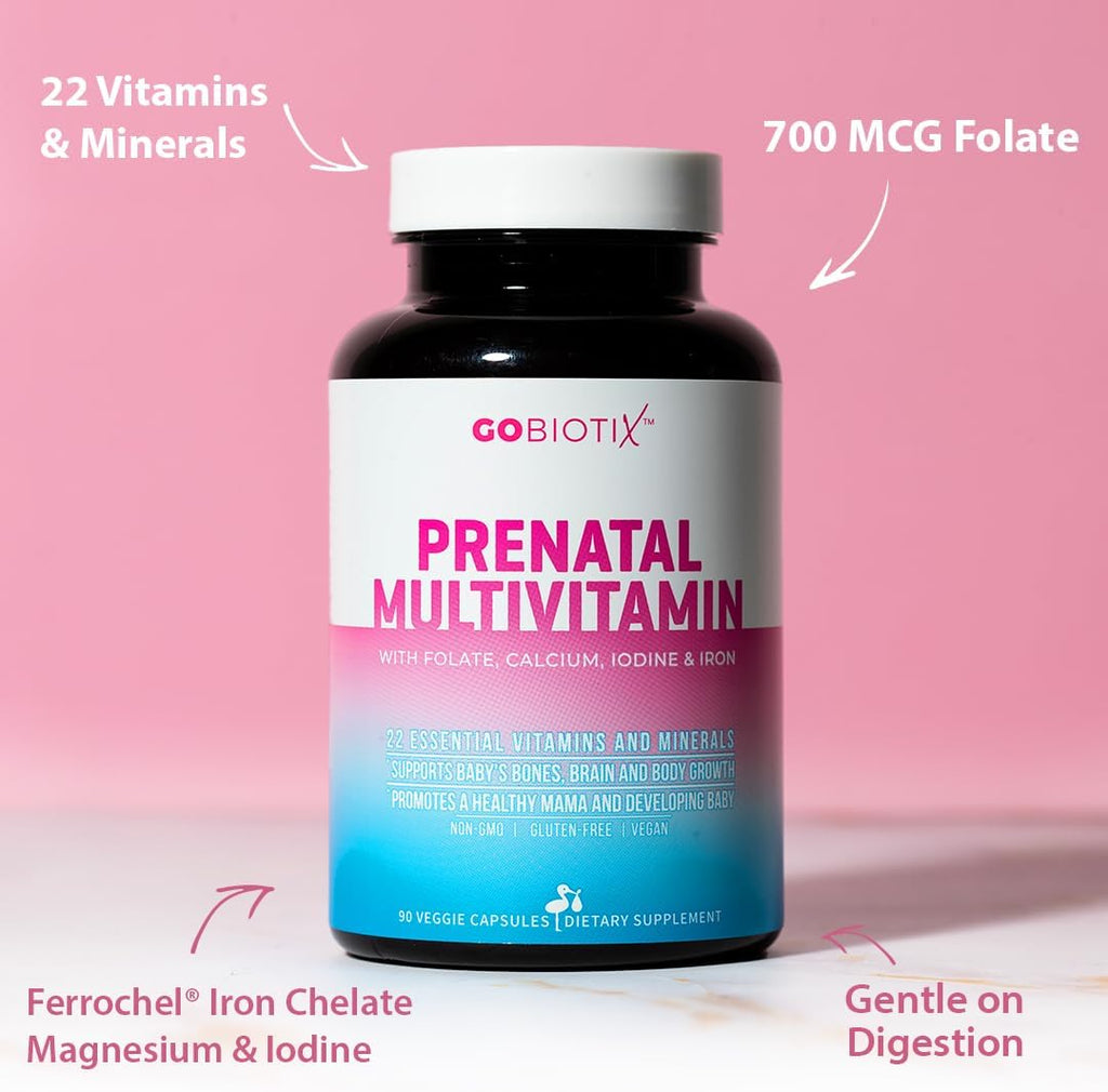GOBIOTIX Vitaminas Prenatales para Mujeres - Multivitamínico con Hierro, Calcio, Vitamina D2, C, Zinc y Ácido Fólico - 90 Cápsulas