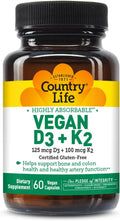 Country Life Vegan D3 + K2 – 5000 UI de Vitamina D3 y 100 mcg de MK-4 y MK-7 | Apoya la Salud Ósea e Inmunitaria | Vegano, Sin Gluten, B-Corp | 60 Cápsulas