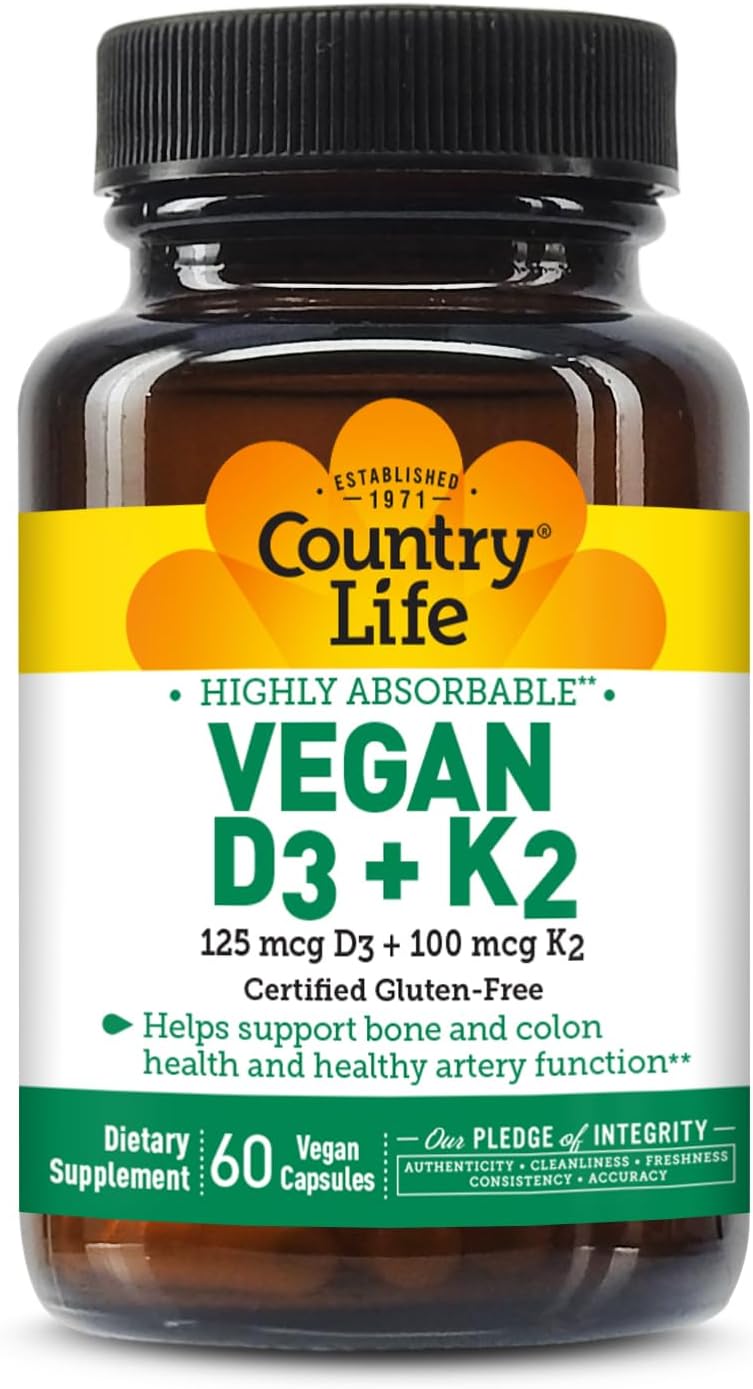 Country Life Vegan D3 + K2 – 5000 UI de Vitamina D3 y 100 mcg de MK-4 y MK-7 | Apoya la Salud Ósea e Inmunitaria | Vegano, Sin Gluten, B-Corp | 60 Cápsulas