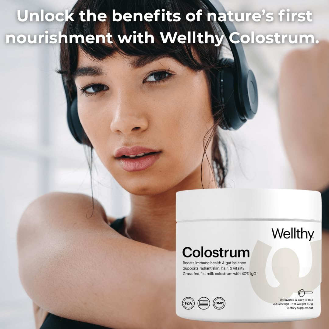 Wellthy Calostro en Polvo – Grass-Fed, 40% IgG – Apoyo Inmunitario, Salud Intestinal y Piel Radiante – 30 Dosis – Fabricado en EE.UU.