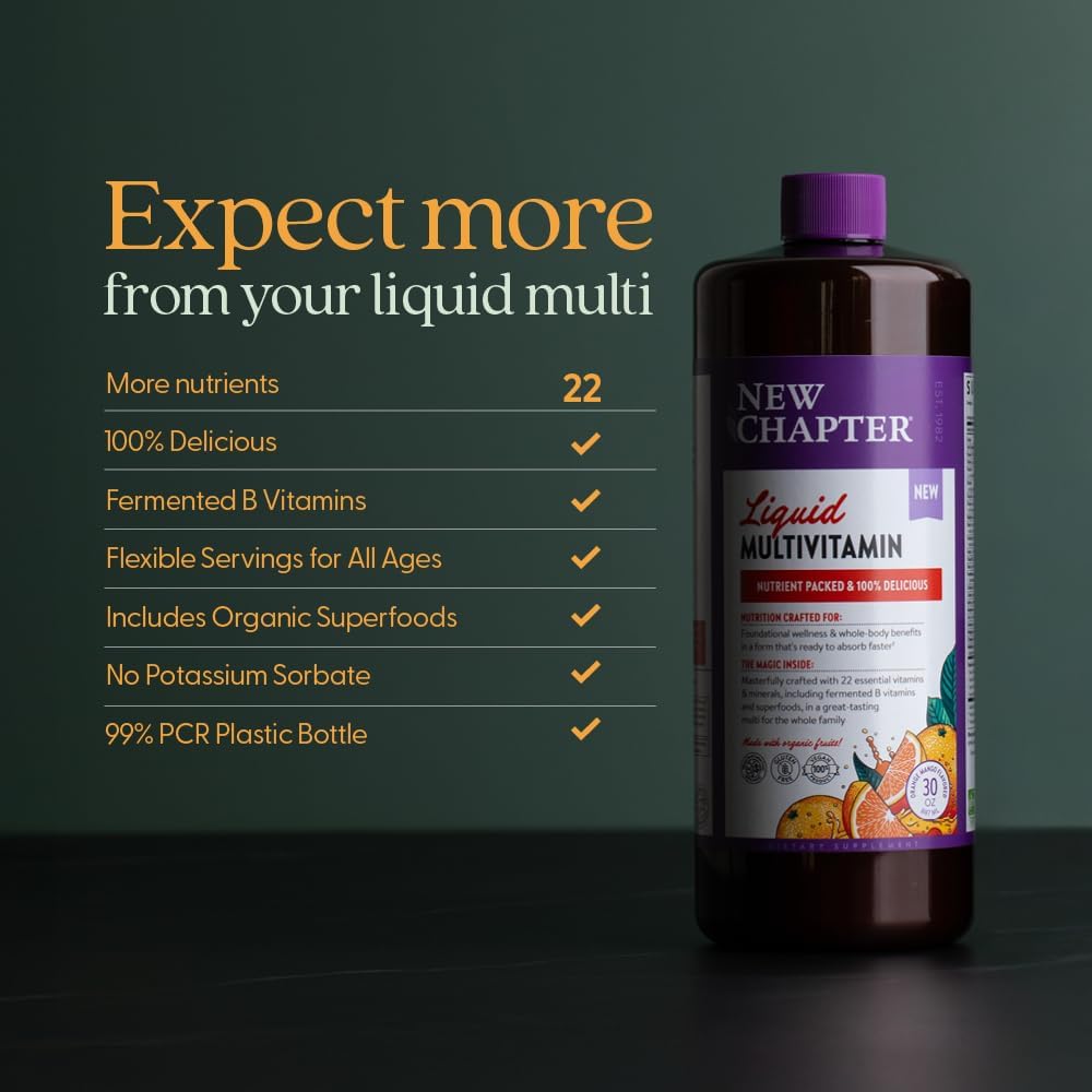 New Chapter Multivitamínico Líquido + Minerales - Apoyo Corporal Integral para Adultos, Adolescentes y Niños 2+ - 22 Vitaminas y Minerales Esenciales - Fácil Absorción - Sabor Naranja Mango - 887 ml