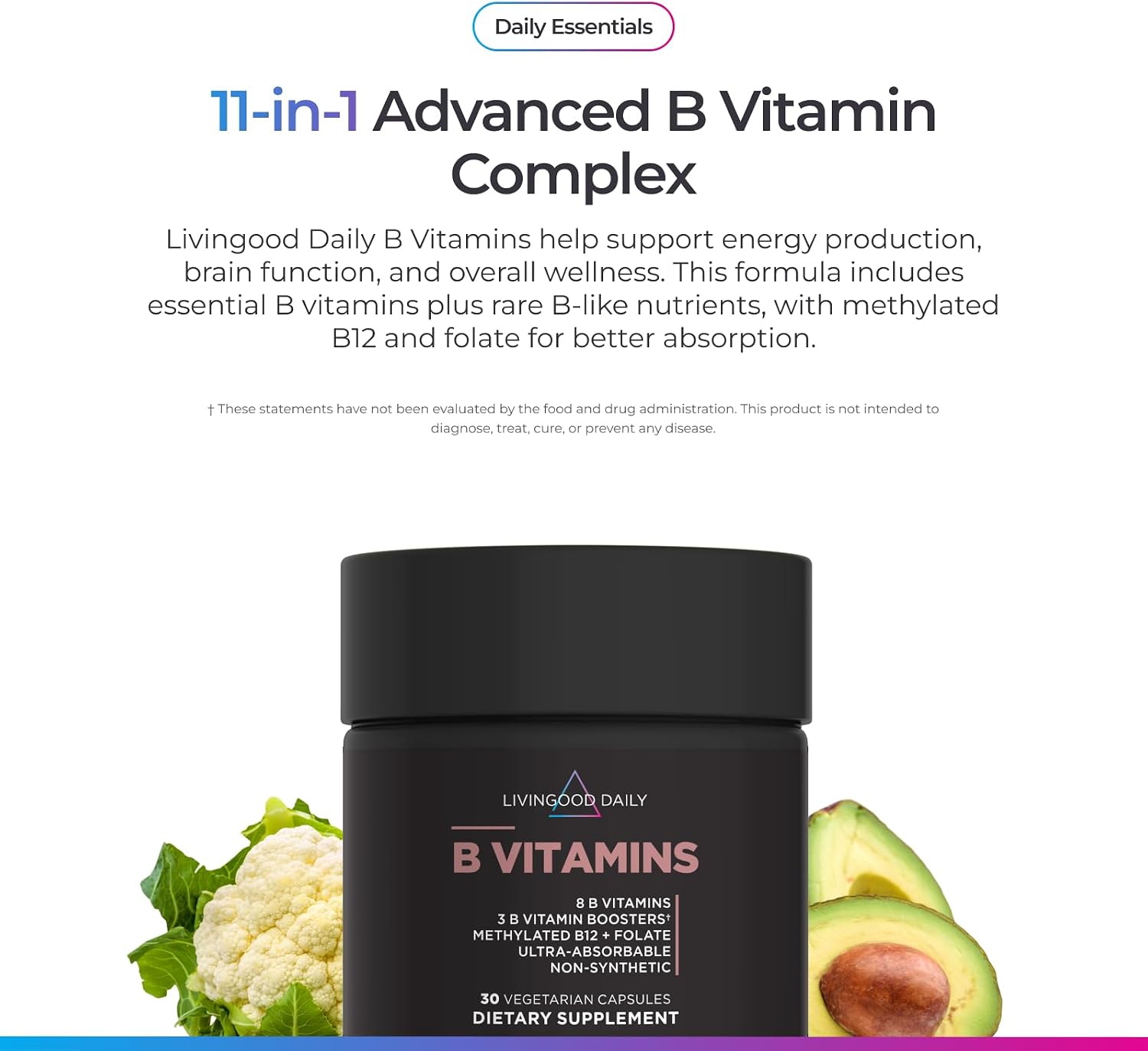 Livingood Daily Complejo B Metilado | 11 Formas Activas de Vitaminas B | Vegano y Sin Gluten | 30 Cápsulas