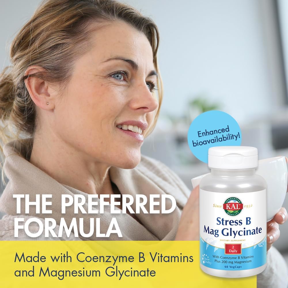 KAL Stress B Mag Glicinato - Complejo de Vitaminas B con Magnesio, Formas Activas, 60 Cápsulas Veganas