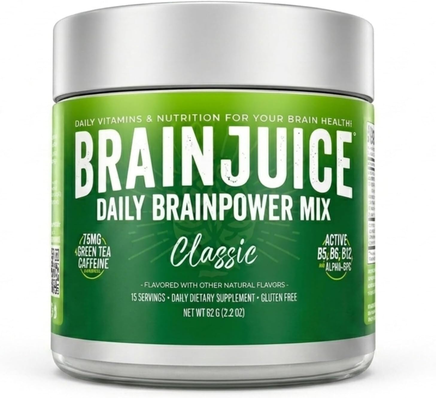 BrainJuice Nootropics - Suplemento para el Cerebro, Polvo sin Gluten para Energía y Concentración, Mezcla con L-Teanina, Alpha GPC, Vitaminas B, Extracto Orgánico de Té Verde (Clásico)