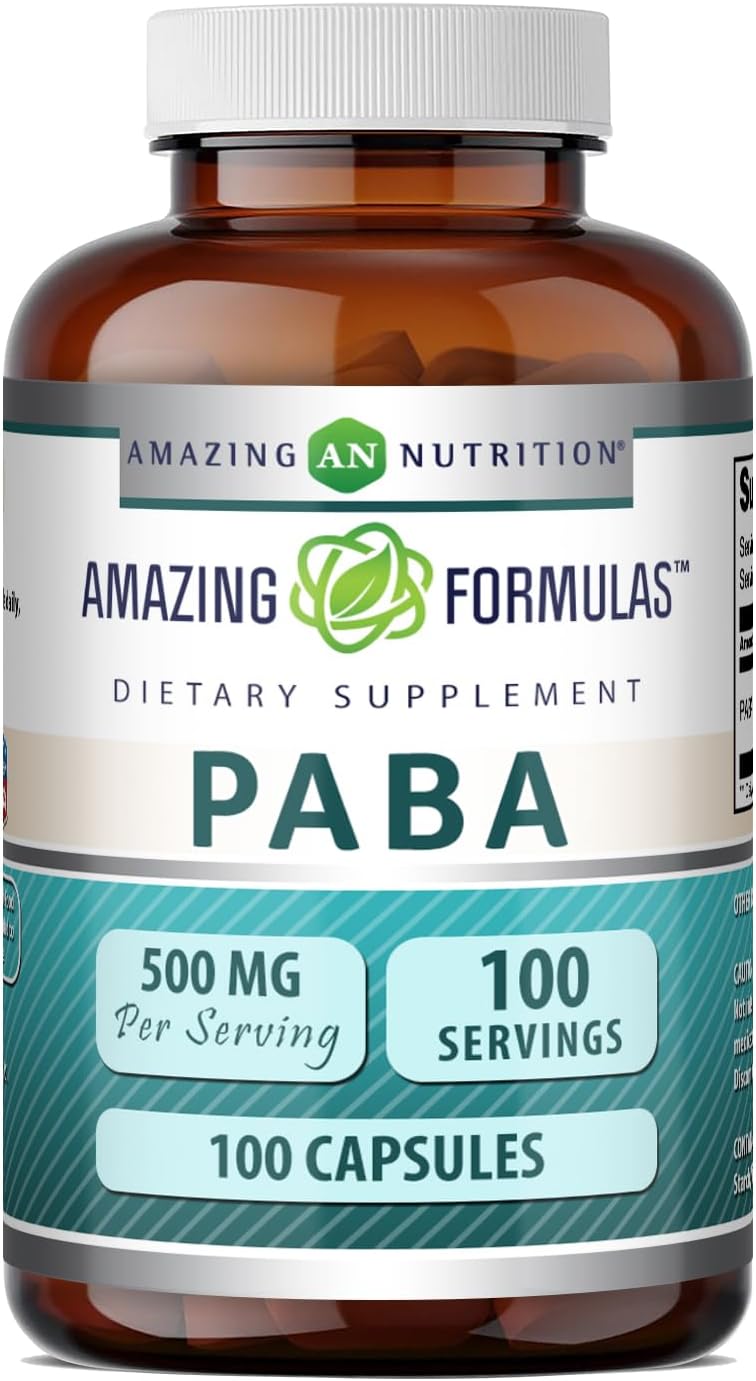 Amazing Formulas PABA 500 mg Suplemento | Cápsulas | No-GMO | Sin Gluten | Fabricado en EE. UU. (1 Paquete | 100 Unidades)