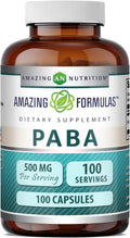 Amazing Formulas PABA 500 mg Suplemento | Cápsulas | No-GMO | Sin Gluten | Fabricado en EE. UU. (1 Paquete | 100 Unidades)
