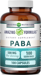 Amazing Formulas PABA 500 mg Suplemento | Cápsulas | No-GMO | Sin Gluten | Fabricado en EE. UU. (1 Paquete | 100 Unidades)