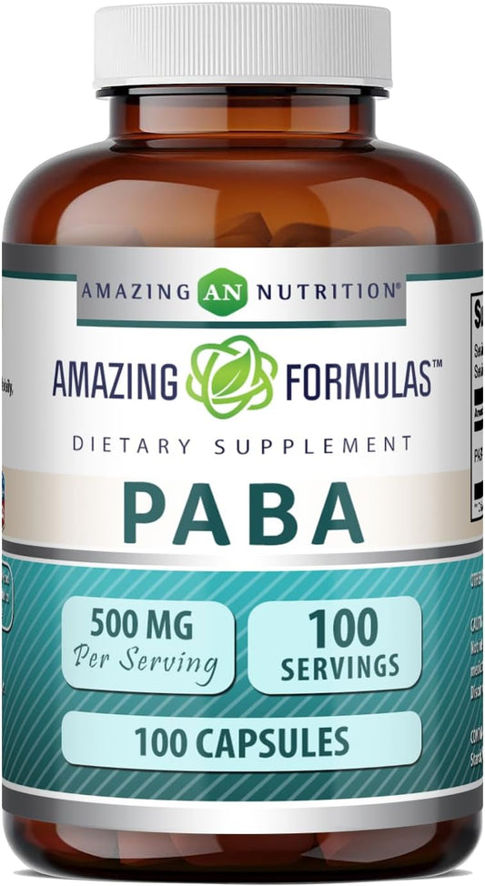 Amazing Formulas PABA 500 mg Suplemento | Cápsulas | No-GMO | Sin Gluten | Fabricado en USA (1 Pack | 100 Unidades)