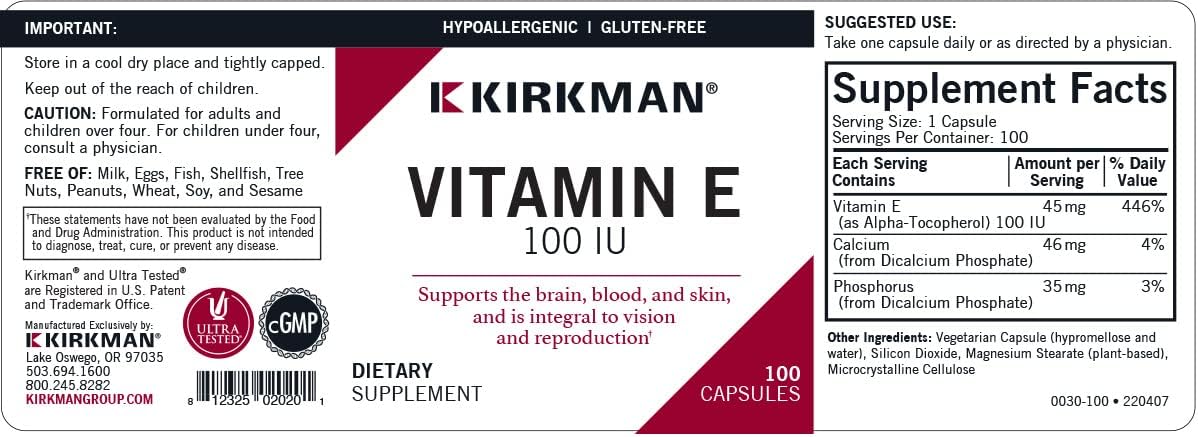 Kirkman Vitamina E 100 UI - Hipoalergénica - 100 Cápsulas Vegetales