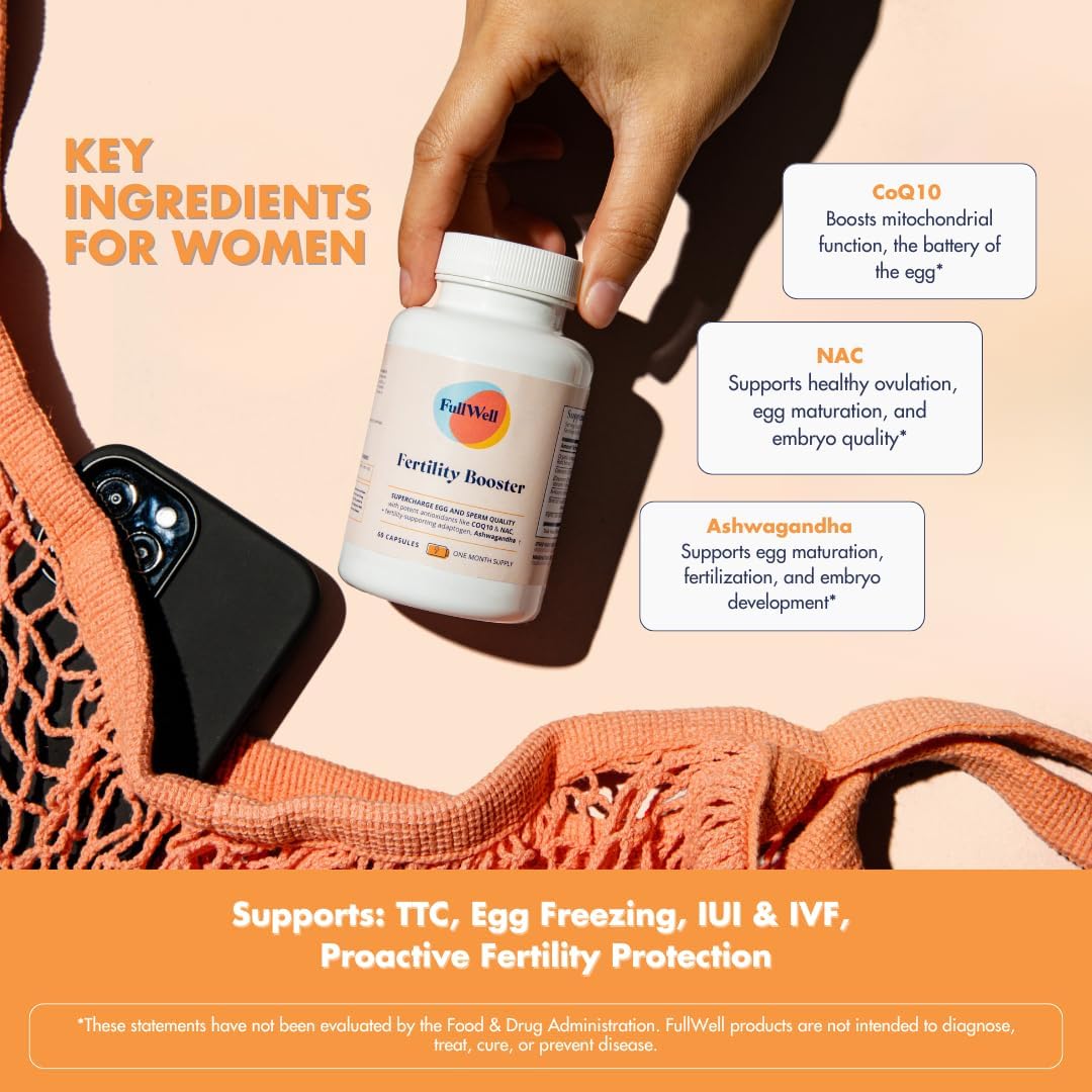 FullWell Fertility Booster - Apoyo a la Concepción para Hombres y Mujeres - Favorece la Calidad del Óvulo y el Esperma - Salud Reproductiva - CoQ10, Ashwagandha, NAC y ALA - 60 Cápsulas, Paquete de 2 (60 porciones)