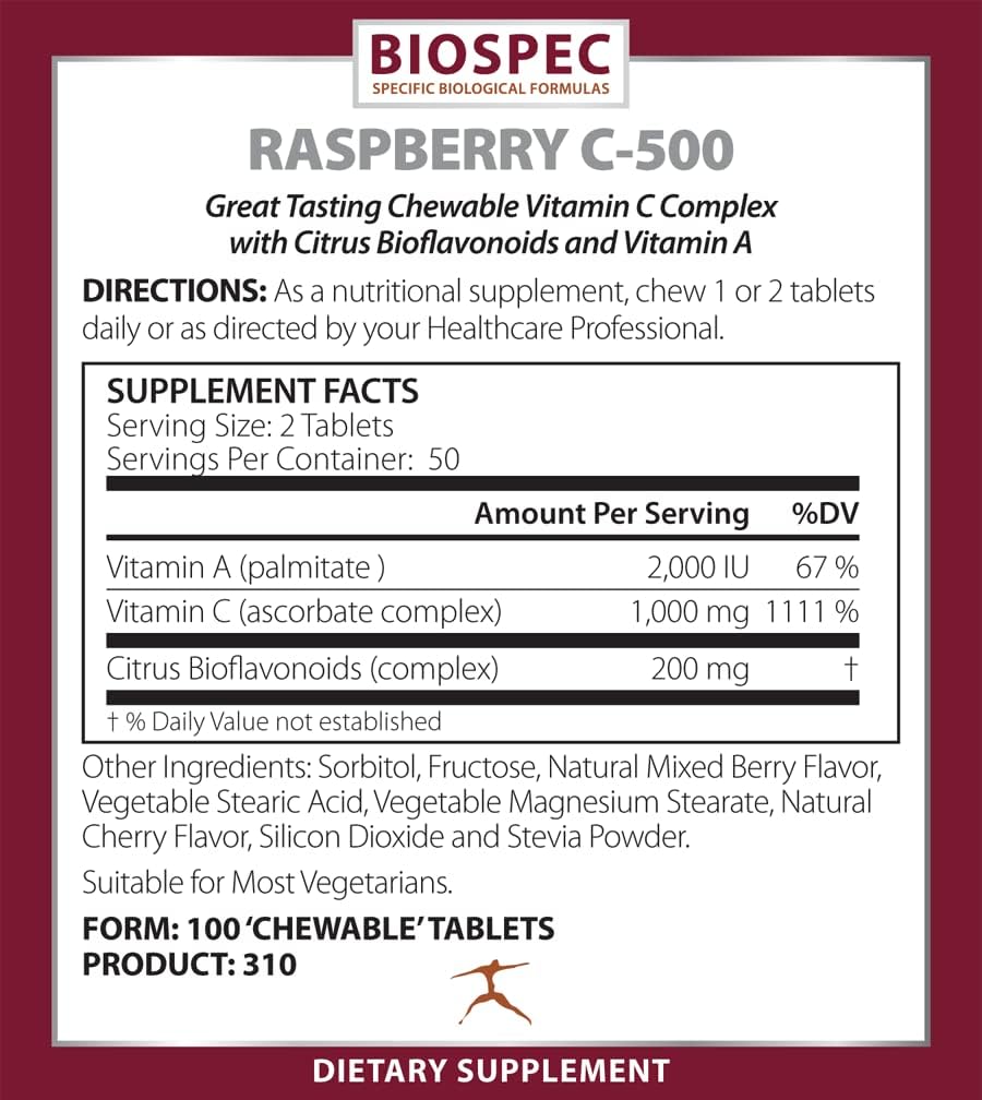 BIOSPEC NUTRITIONALS Raspberry C-500 – 500 mg de Vitamina C Masticable con Vitamina A y Bioflavonoides Cítricos