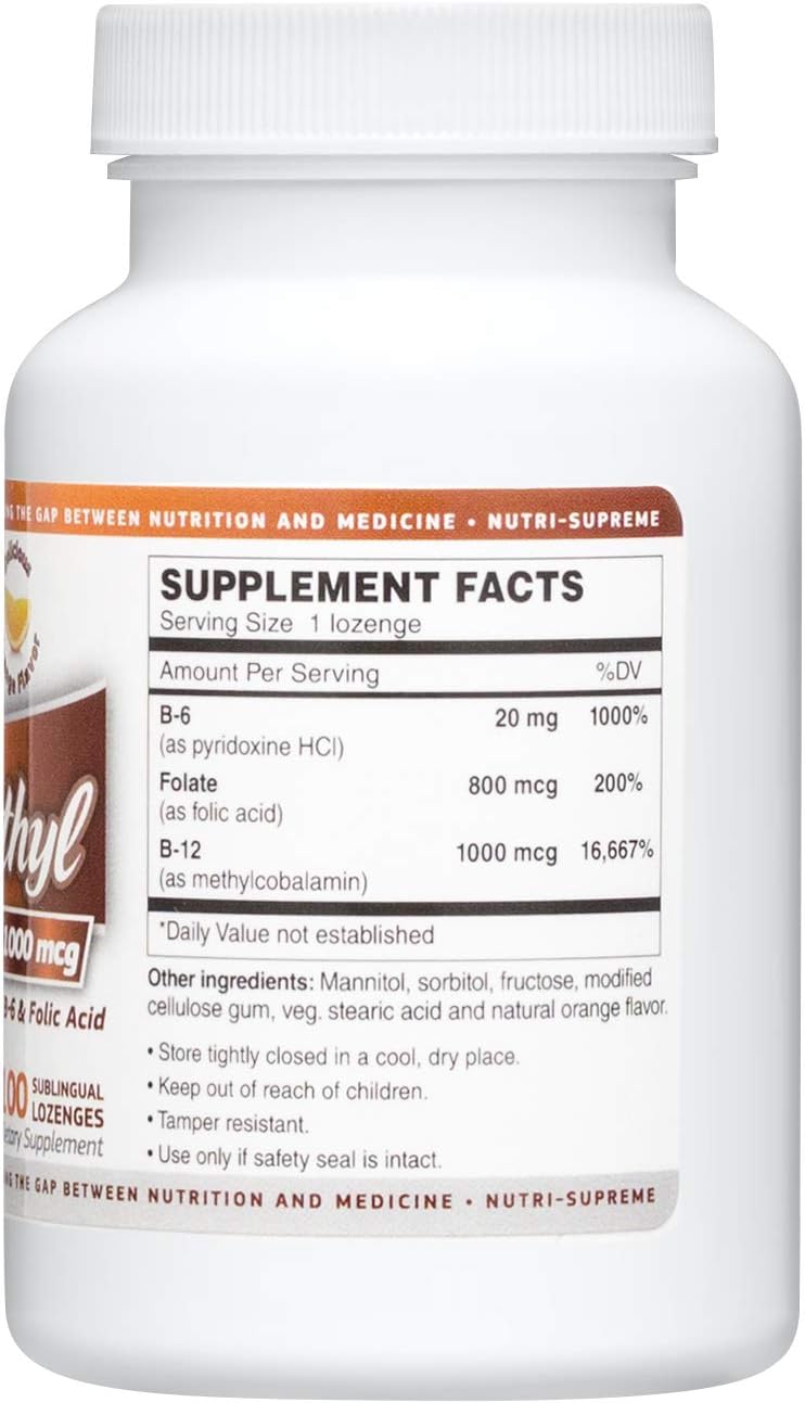 Nutri-Supreme Research B12 Metilcobalamina 1000 mcg + B6 + Ácido Fólico + Biotina, 100 comprimidos