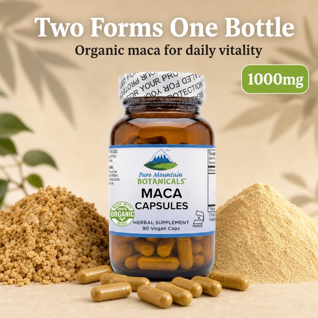 Cápsulas de Raíz de Maca Orgánica de Perú - 1000mg - Mezcla Cruda y Gelatinizada - 90 Cápsulas Veganas Kosher