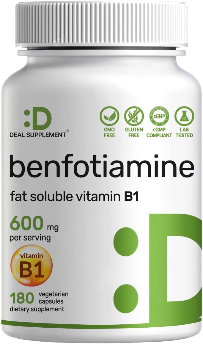 Benfotiamina 600mg por Dosis, 180 Cápsulas Vegetales – Vitamina B1 Liposoluble – Vegano, Sin Gluten, No GMO