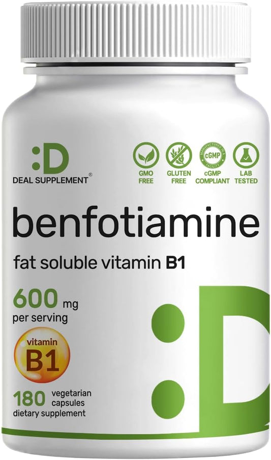 Benfotiamina 600mg por Dosis, 180 Cápsulas Vegetales – Vitamina B1 Liposoluble – Vegano, Sin Gluten, No GMO