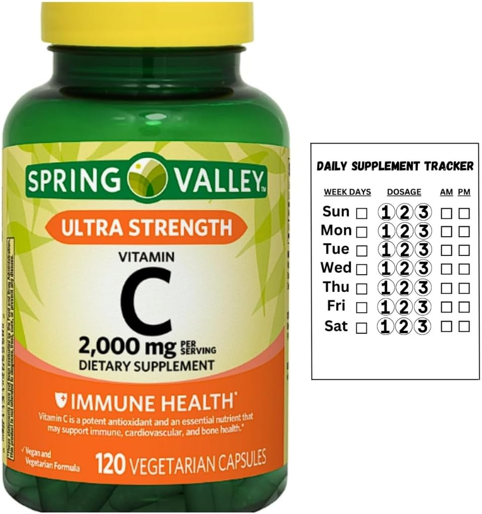 Spring Valley Ultra Strength Vitamina C, 2000 mg, 120 Cápsulas Vegetarianas + Pegatina de Seguimiento